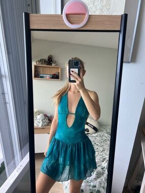SHEIN Teal Halter Ruffle Mini Dress